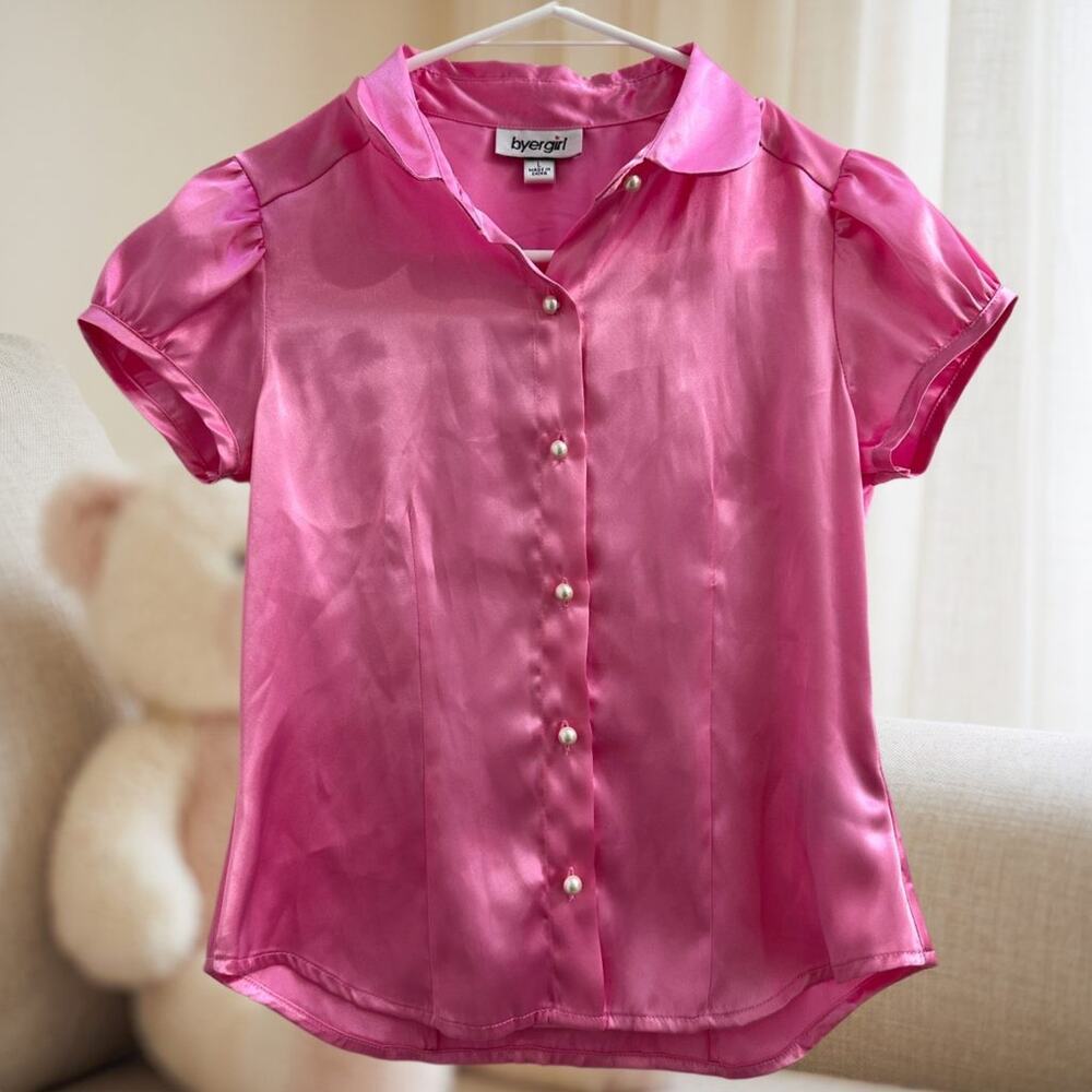 Byer Girl Pink Satin Blouse Kids L Pearl Button Cap Sleeve Peter Pan Collar